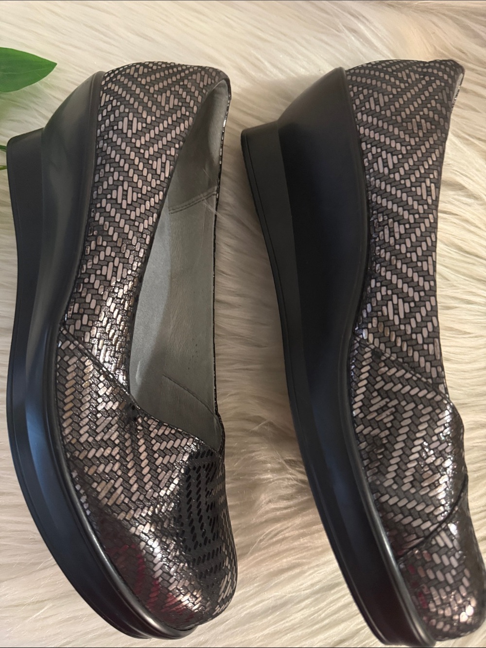 Alegria Metallic Woven Black and Silver Wedges